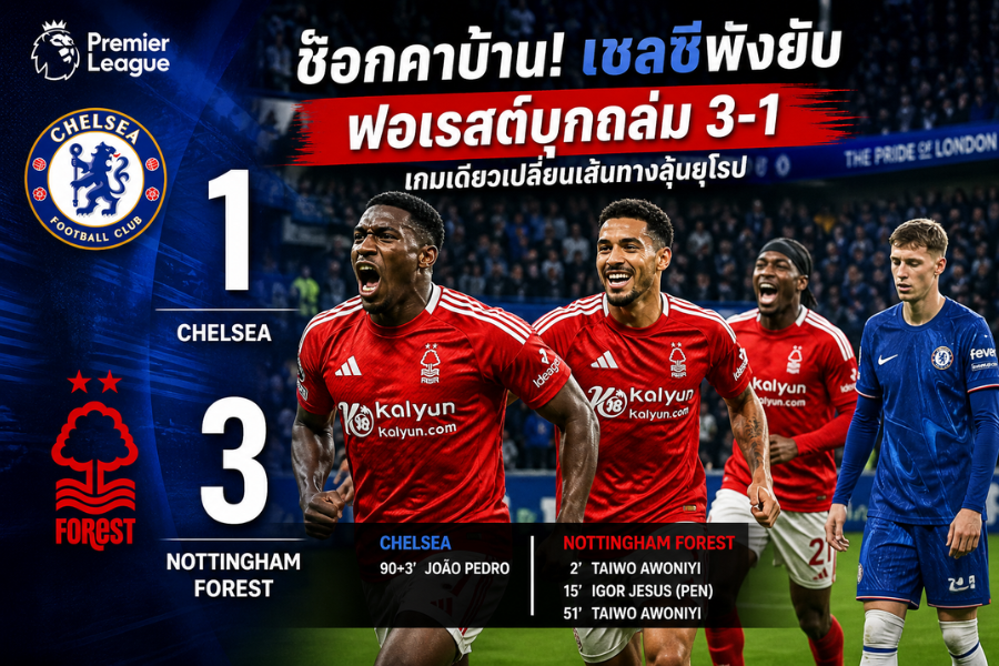 ช็อกคาบ้าน เชลซีพังยับ ฟอเรสต์บุกถล่ม 3-1 เกมเดียวเปลี่ยนเส้นทางลุ้นยุโรป